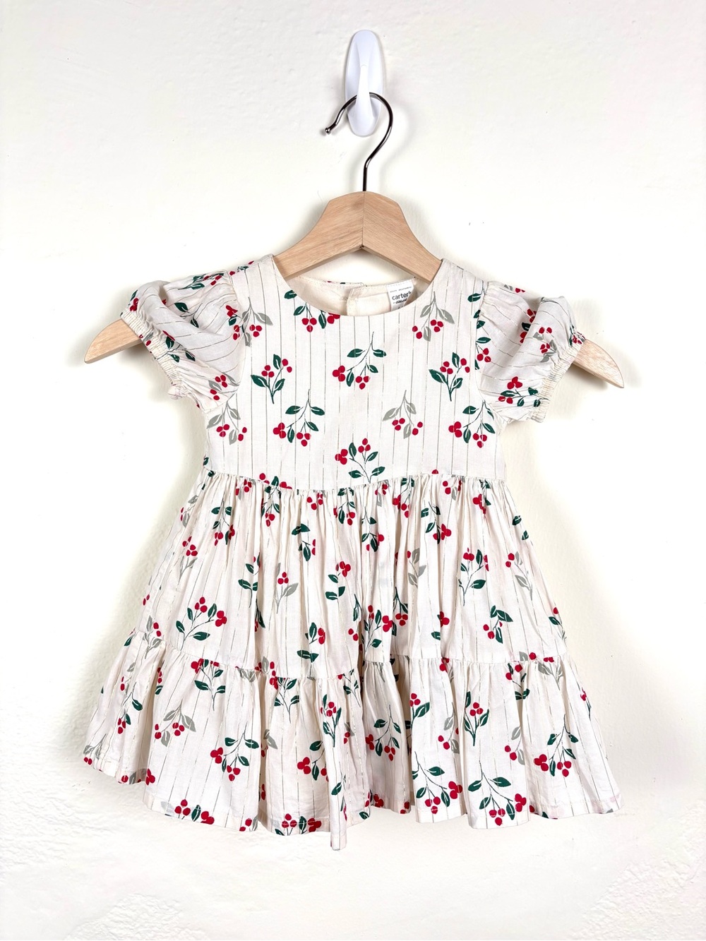 ⁠Carter’s Baby Girl Cherry Holly Berry Dress 6-9M Metallic Gold Stripe Christmas